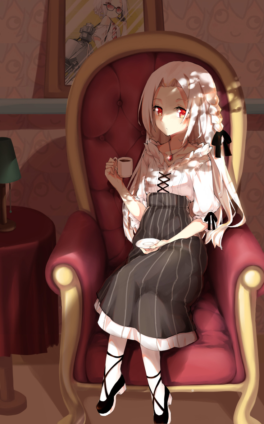 1girl, absurdres, alternate_costume, alternate_hairstyle, arm_rest, armchair, black_ribbon, black_shoes
