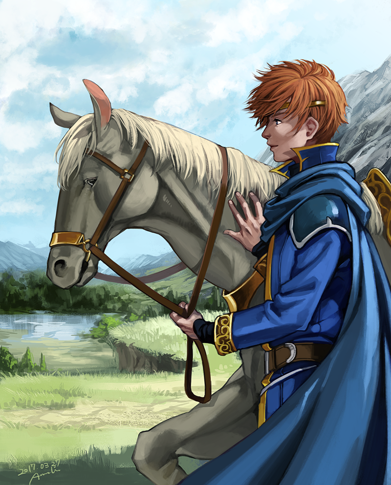 1boy, animal, annelie, cape, eliwood_(fire_emblem), fire_emblem, fire_emblem:_rekka_no_ken, horse