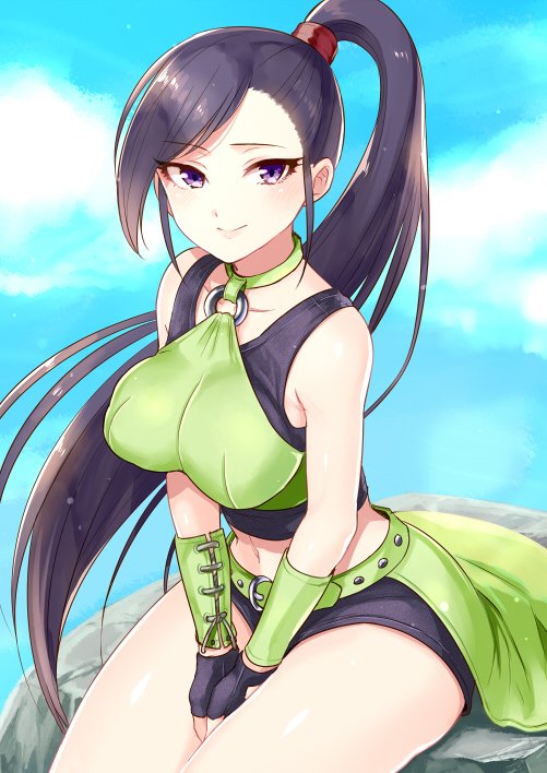 1girl, belt, between_legs, black_gloves, black_hair, black_shorts, blue_sky, blush