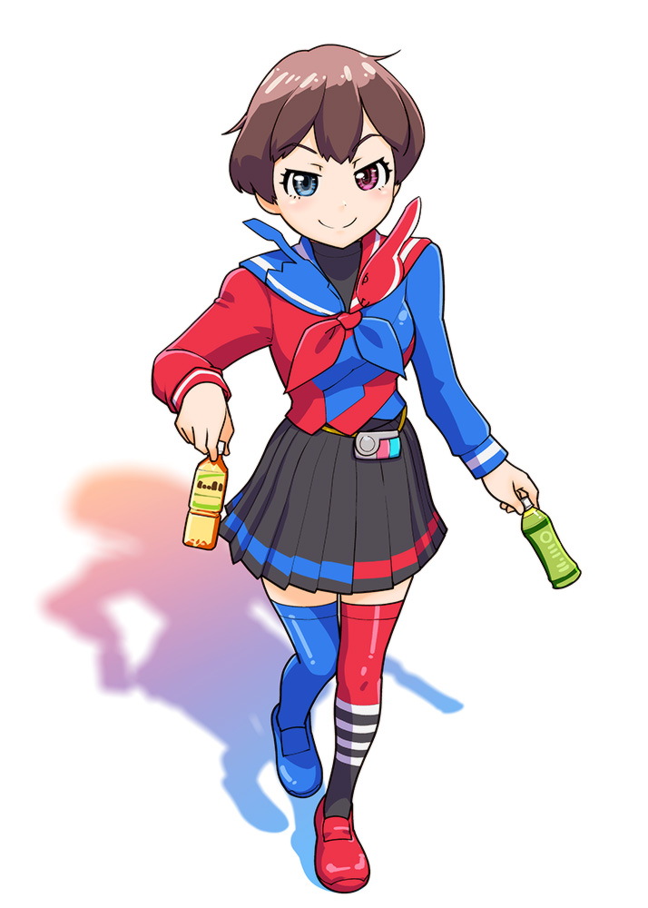 1girl, blue_eyes, bottle, brown_hair, full_body, genderswap, genderswap_(mtf), heterochromia