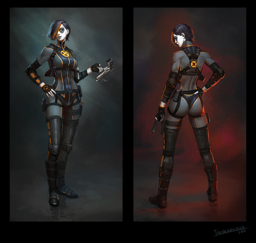 1girl, 2014, ass, black_hair, bodysuit, domino_(marvel), eyeshadow, fingerless_gloves, from_behind, full_body, gloves, gun, hair_over_one_eye, hand_on_hip, head_tilt, highres, holding, holding_gun, holding_weapon, lipstick, makeup, marvel, multicolored_hair, orange_hair, short_hair, skin_tight, solo, standing, tarakanovich, watermark, weapon, x-men