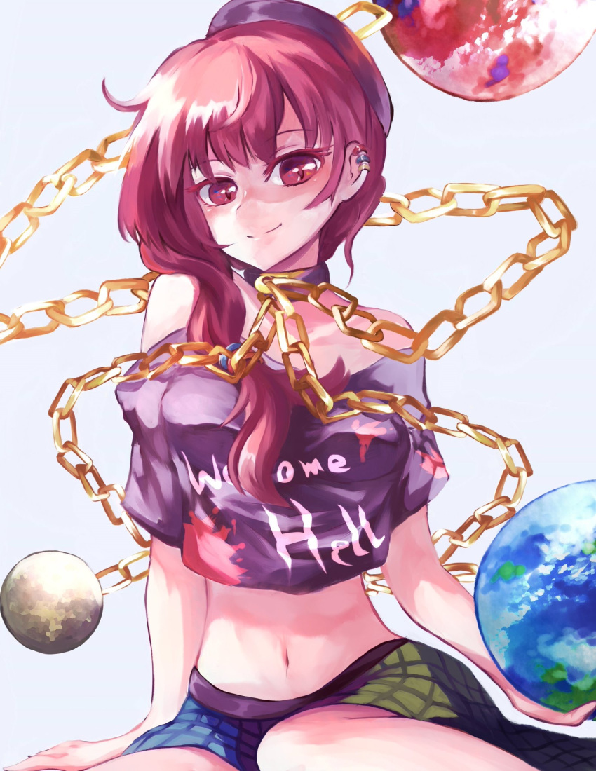 1girl, chains, clothes_writing, collar, earrings, earth_(ornament), gold_chain, hecatia_lapislazuli