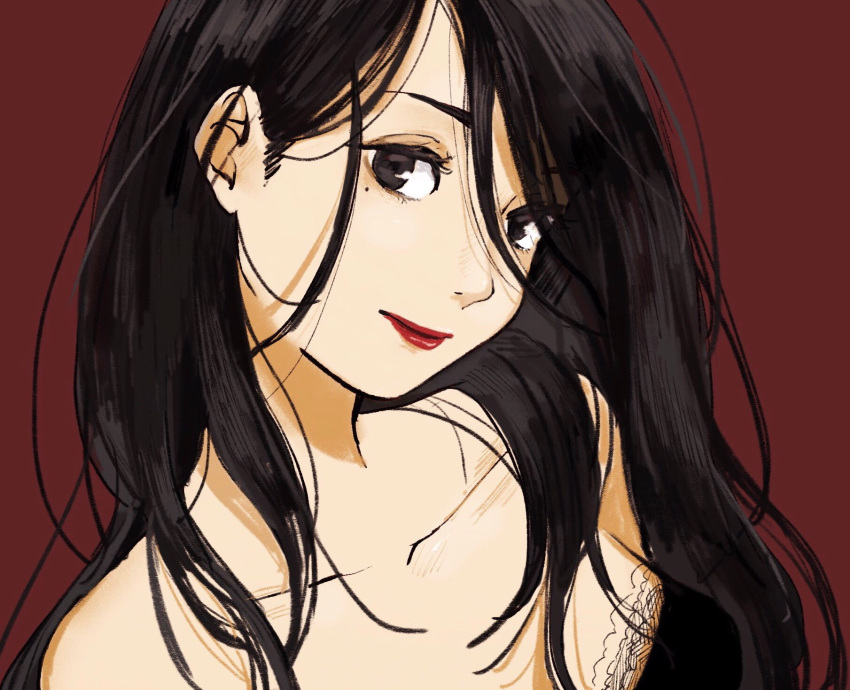 1girl, bare_shoulders, breasts, close-up, closed_mouth, collarbone, face, head_tilt, highres, lingerie, lips, lipstick, long_hair, looking_at_viewer, makeup, medium_breasts, mole, mole_under_eye, negligee, original, red_background, red_lipstick, sako_(user_ndpz5754), simple_background, smile, solo, underwear