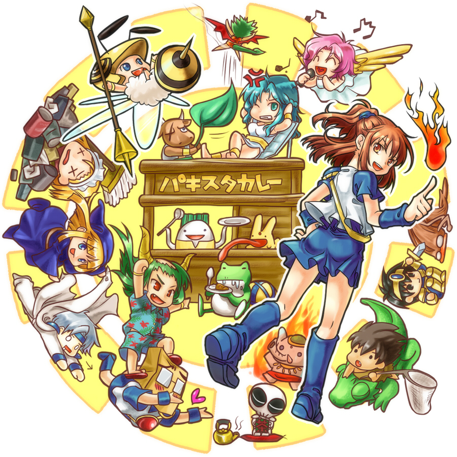 arle_nadja, bag, black_hair, blonde_hair, blue_clothes, blue_eyes, blue_hair, blue_hat, bone, brown_eyes, choppun, compile_heart, demon_wings, donguri_gaeru_(puyopuyo), draco_centauros, elephant, eyeglasses, fire, green_eyes, gunguniru, harpy_(puyopuyo), hat, honey_bee_(puyopuyo), horns, hotpot, kikimora_(puyopuyo, kodomo_dragon_(puyopuyo), komodo_dragon, lagnus_the_brave, leaf_fan, maid_cap, microphone, minotaur_(puyopuyo), nohoho_(puyopuyo), o_o, open_mouth, pakista_(puyopuyo), paper_bag, pink_hair, polearm, puyo_(puyopuyo), puyopuyo, rabbit, red_clothes, red_eyes, rulue_(puyopuyo), satan_(puyopuyo), schezo_wegey, skeleton_t, spear, suketoudara, swimsuit, tongue, trash_can, weapon, wings, witch_(puyopuyo), x_x, zoh_daimaoh