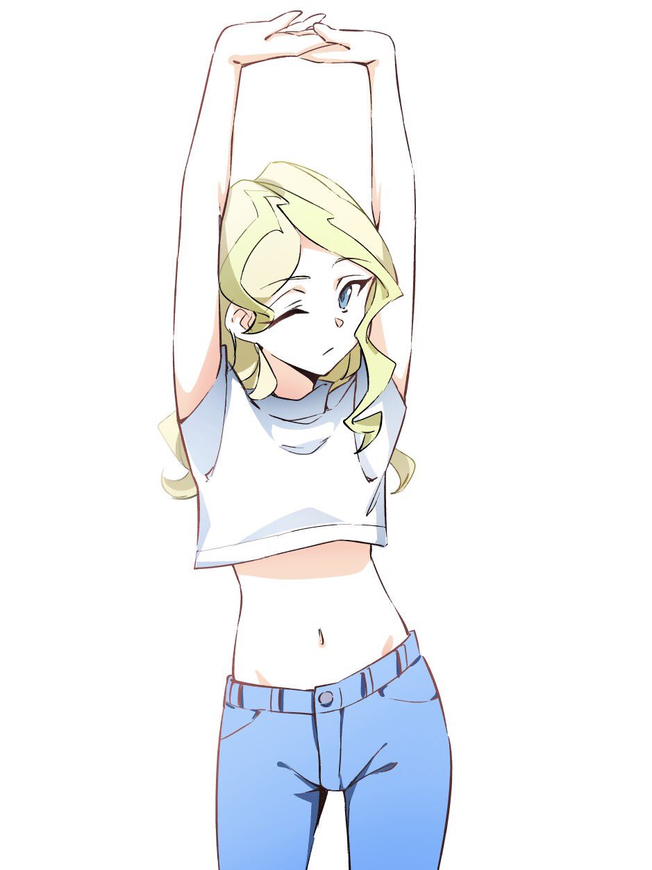 1girl, alternate_costume, arms_up, blonde_hair, blue_eyes, cowboy_shot, denim, diana_cavendish, groin, highres, jeans, linked_hands, little_witch_academia, midriff, navel, pants, seren_lwa, shirt, solo, stretch, t-shirt, white_background, white_shirt