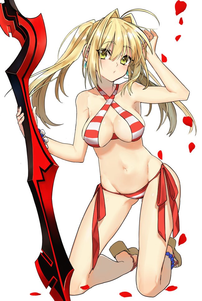 1girl, aestus_estus, ahoge, anklet, bangs, bare_shoulders, bead_bracelet, beads