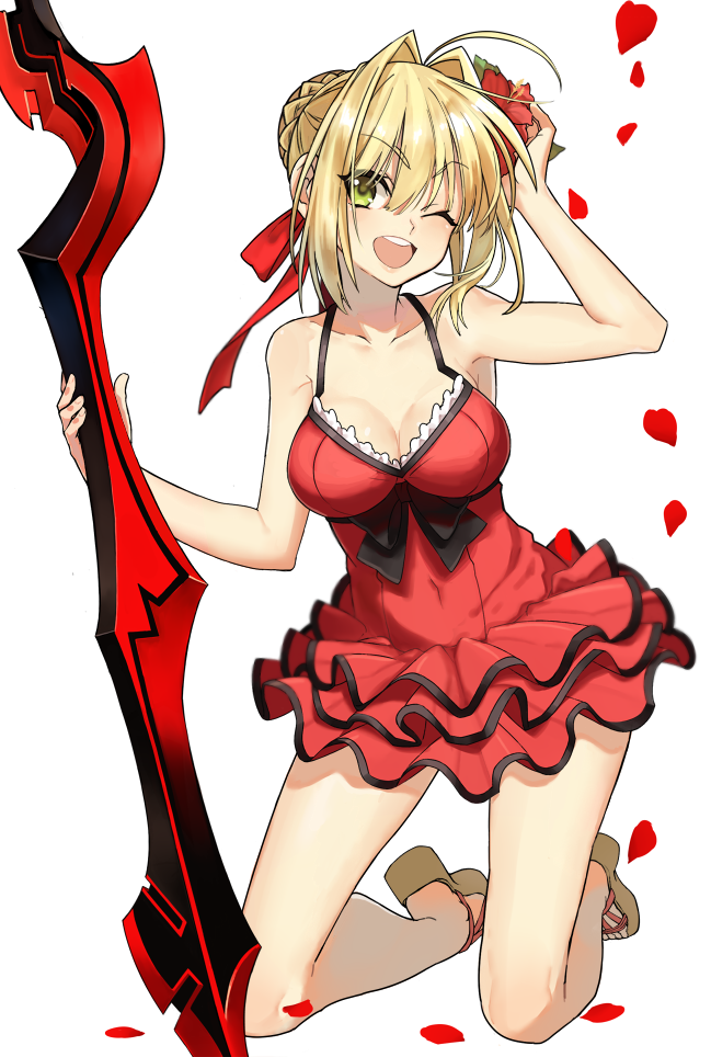 1girl, ;d, aestus_estus, ahoge, bangs, bare_shoulders, blonde_hair, braid