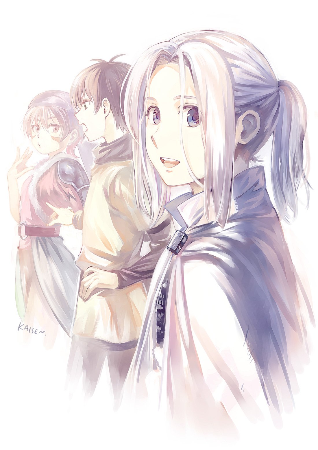 1girl, 2boys, :d, alfreed_(arslan_senki), arslan, arslan_senki, artist_signature, bangs, belt, blue_eyes, breasts, brown_eyes, brown_hair, cape, elam, facial_mark, hand_on_hip, hand_up, highres, long_sleeves, looking_at_another, looking_at_viewer, looking_to_the_side, medium_breasts, medium_hair, multiple_boys, open_mouth, pale_color, ponytail, shirt, short_hair, signature, silver_hair, simple_background, smile, umishima_senbon, white_background, yellow_shirt