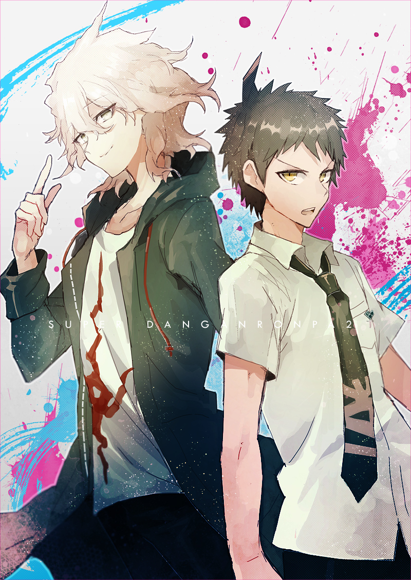 2boys, black_hair, black_necktie, black_pants, black_sweater, blood, collarbone, copyright_name