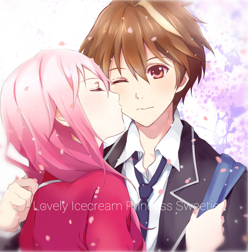 1boy, 1girl, black_jacket, black_necktie, brown_hair, cheek_kiss, cherry_blossoms, closed_eyes