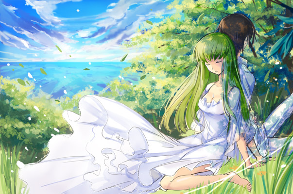 1boy, 1girl, back-to-back, barefoot, black_hair, breasts, c.c., cleavage