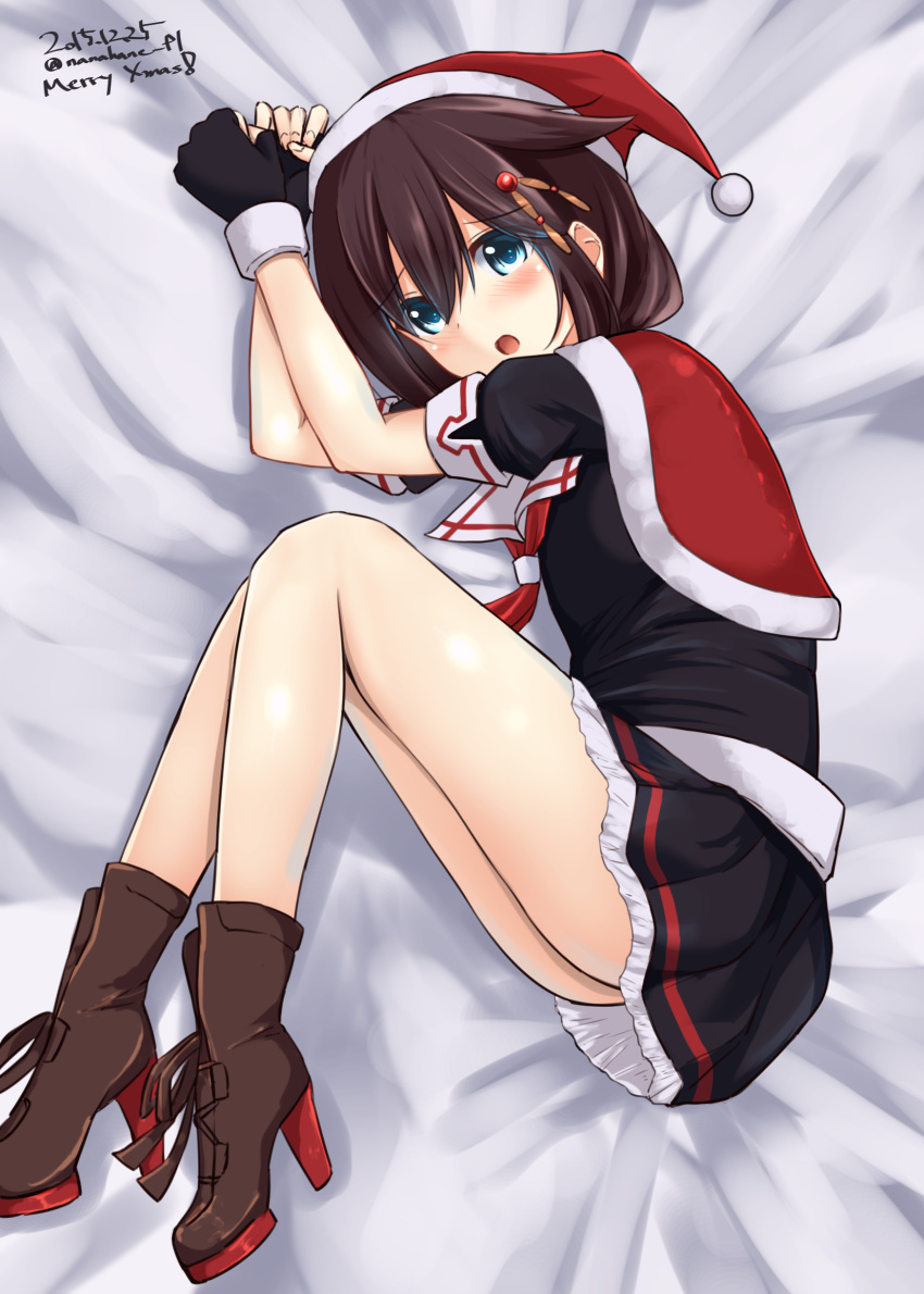 1girl, 2015, bed_sheet, black_gloves, black_hair, black_serafuku, black_shirt, black_skirt