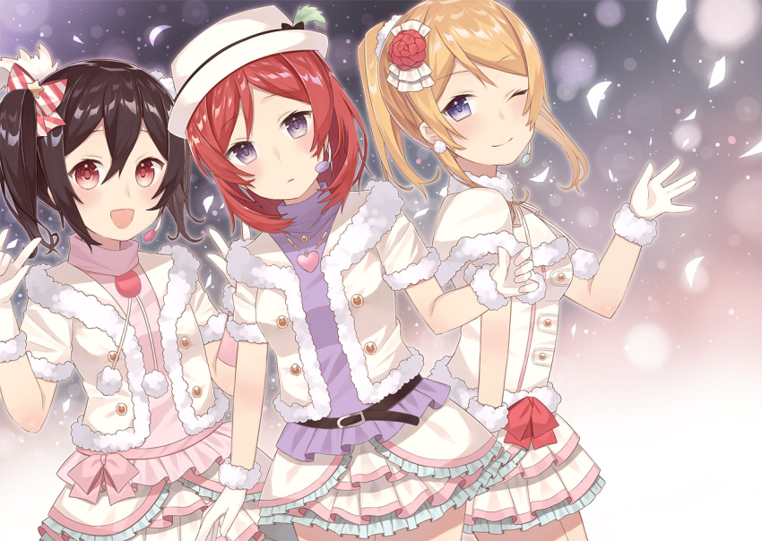 3girls, :d, ;), ayase_eli, bibi_(love_live!), black_eyes, black_hair, blonde_hair