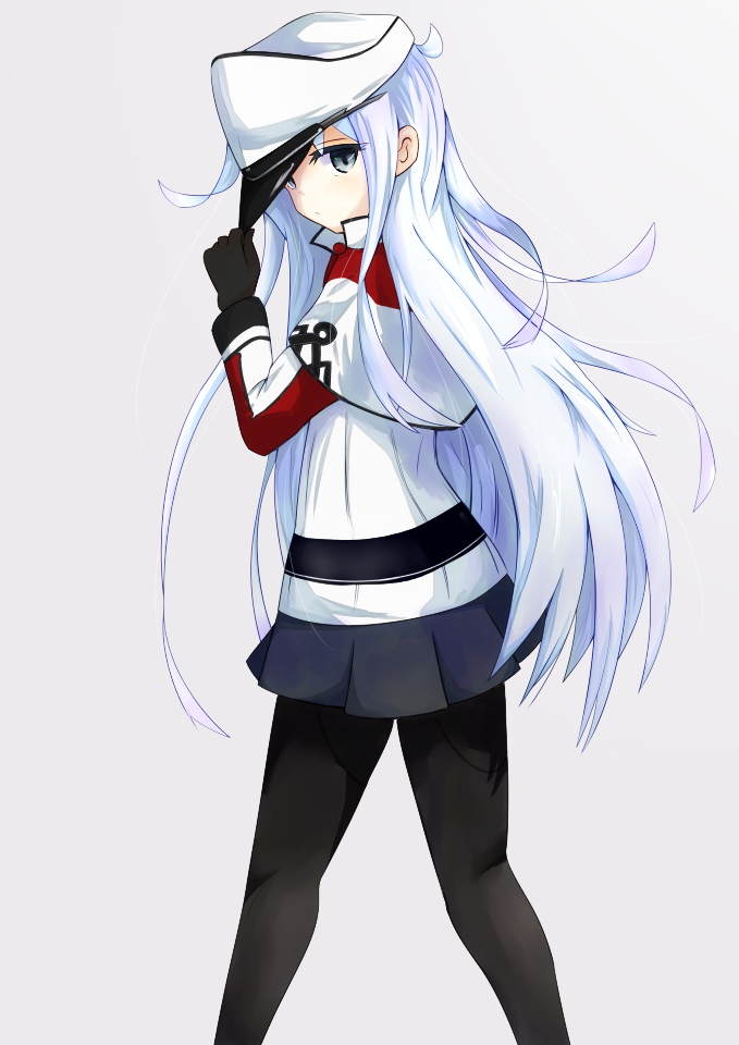 1girl, black_gloves, black_legwear, black_skirt, blue_eyes, gloves, graf_zeppelin_(kantai_collection)_(cosplay), grey_background