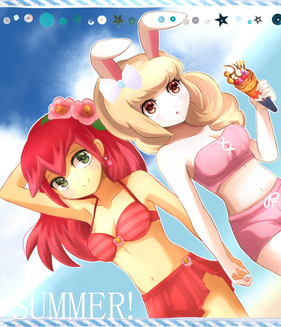 2girls, alternate_costume, animal_ears, bikini, blonde_hair, blush, breasts, brown_eyes