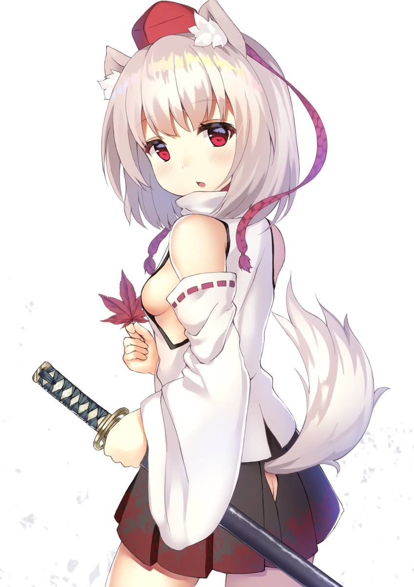 1girl, animal_ears, bangs, black_skirt, breasts, detached_sleeves, eyebrows_visible_through_hair, hat