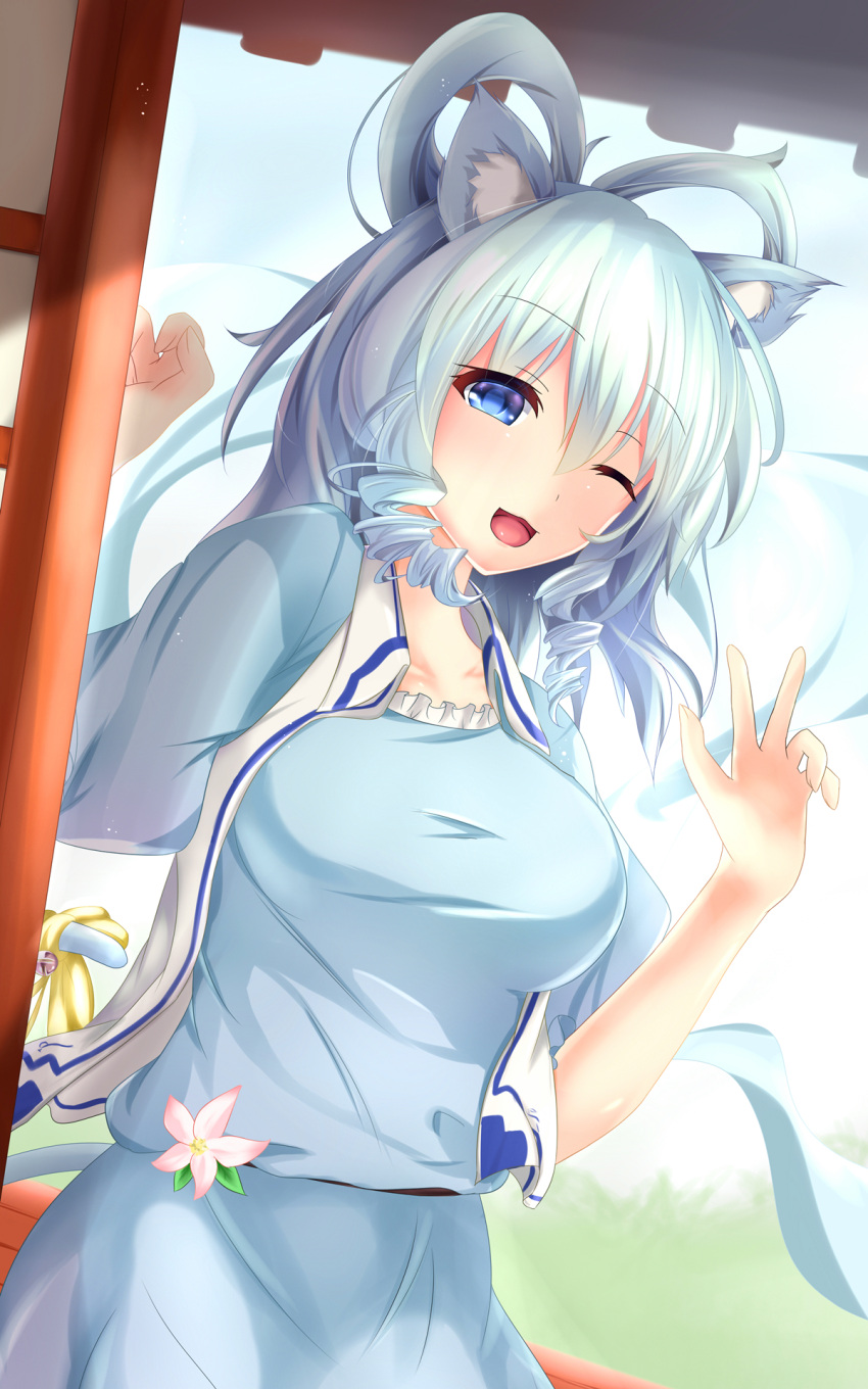 1girl, ;d, animal_ears, bangs, bell, blue_dress, blue_eyes, blue_hair, blush, breasts, cat_ears, cat_tail, collarbone, cowboy_shot, day, dress, hair_rings, highres, jingle_bell, kaku_seiga, kemonomimi_mode, large_breasts, long_hair, looking_at_viewer, one_eye_closed, open_clothes, open_mouth, open_vest, oxfirecar, ribbon, ringlets, smile, solo, tail, tail_ribbon, touhou, v, vest, white_vest