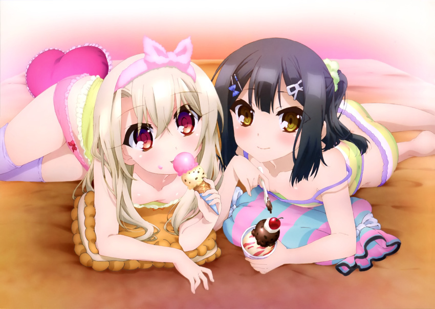 2girls, ass, bare_legs, barefoot, black_hair, blush, boyshorts, breasts