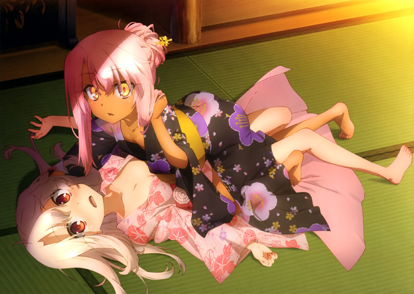 2girls, all_fours, alternate_hairstyle, artist_request, bare_legs, barefoot, blush, breasts, chloe_von_einzbern, cropped, dark_skin, eyebrows_visible_through_hair, fate/kaleid_liner_prisma_illya, fate_(series), feet, floral_print, hair_bun, hair_ornament, hair_stick, hair_tucking, hair_up, highres, illyasviel_von_einzbern, indoors, japanese_clothes, kimono, long_hair, looking_at_viewer, lying, multiple_girls, obi, official_art, on_back, open_clothes, open_mouth, parted_lips, pink_hair, red_eyes, sash, scan, sidelocks, small_breasts, tatami, toes, yukata, yuri