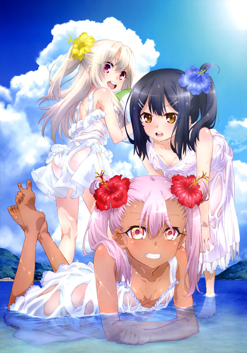 3girls, absurdres, alternate_hairstyle, artist_request, ass, barefoot, black_hair, blue_sky