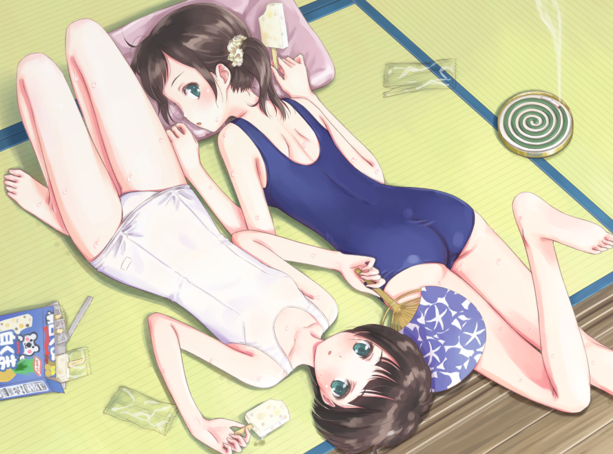 2girls, :o, ass, barefoot, black_hair, blue_eyes, blue_swimsuit, bow