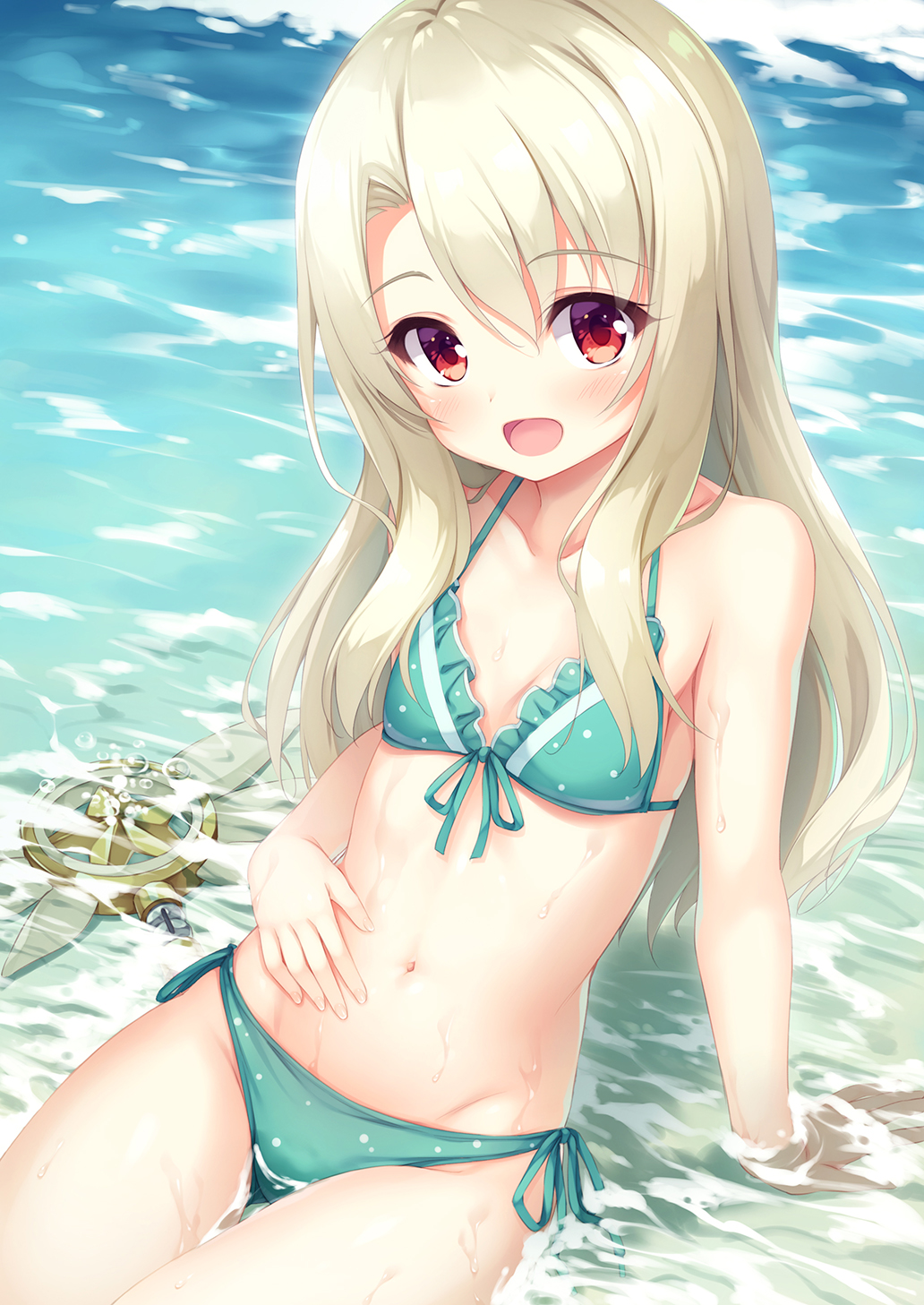 1girl, :d, arm_support, bangs, beach, bikini, blonde_hair, blush