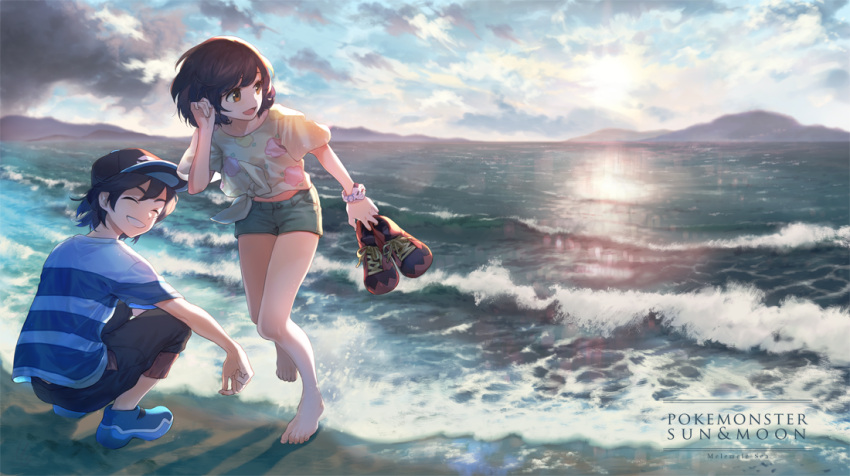 1boy, 1girl, barefoot, baseball_cap, beach, black_hair, brown_eyes, capri_pants, closed_eyes, clouds, copyright_name, green_shorts, grin, hat, holding, holding_shoes, melso, mizuki_(pokemon_sm), ocean, open_mouth, pants, pokemon, pokemon_(game), pokemon_sm, sand, shirt, shoes, shoes_removed, short_hair, short_sleeves, shorts, sky, smile, squatting, striped, striped_shirt, teeth, tied_shirt, water, you_(pokemon_sm), z-ring