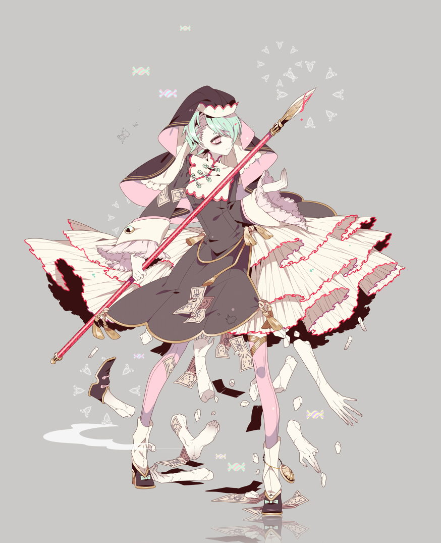 1girl, ambiguous_red_liquid, anklet, aqua_hair, bangs, black_shoes, bow, broken, candy, chinese_clothes, closed_mouth, dress, food, frilled_sleeves, frills, full_body, grey_background, habit, hair_over_one_eye, high_heels, holding, holding_spear, holding_weapon, jewelry, layered_dress, legs_apart, long_sleeves, looking_away, nun, ofuda, pendant, pink_eyes, pink_legwear, pixiv_fantasia, pixiv_fantasia_fallen_kings, polearm, reflection, shikimi_(yurakuru), shoe_bow, shoes, short_hair, simple_background, smile, socks_over_thighhighs, solo, spear, standing, tassel, thigh-highs, weapon, wide_sleeves