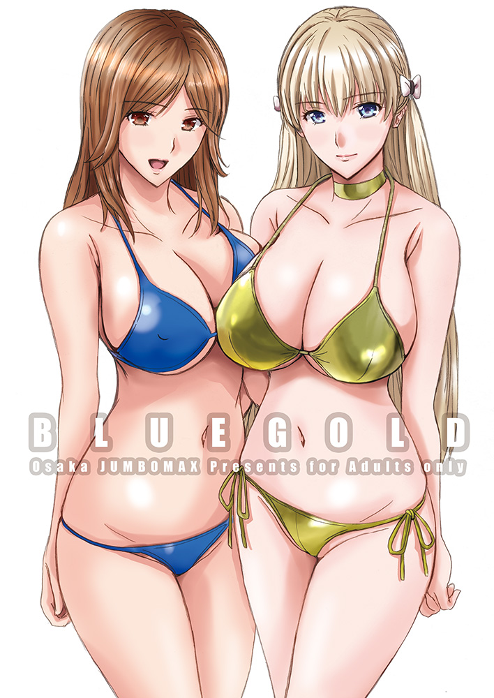2girls, bangs, bikini, blonde_hair, blue_bikini, blue_eyes, bow, breast_press
