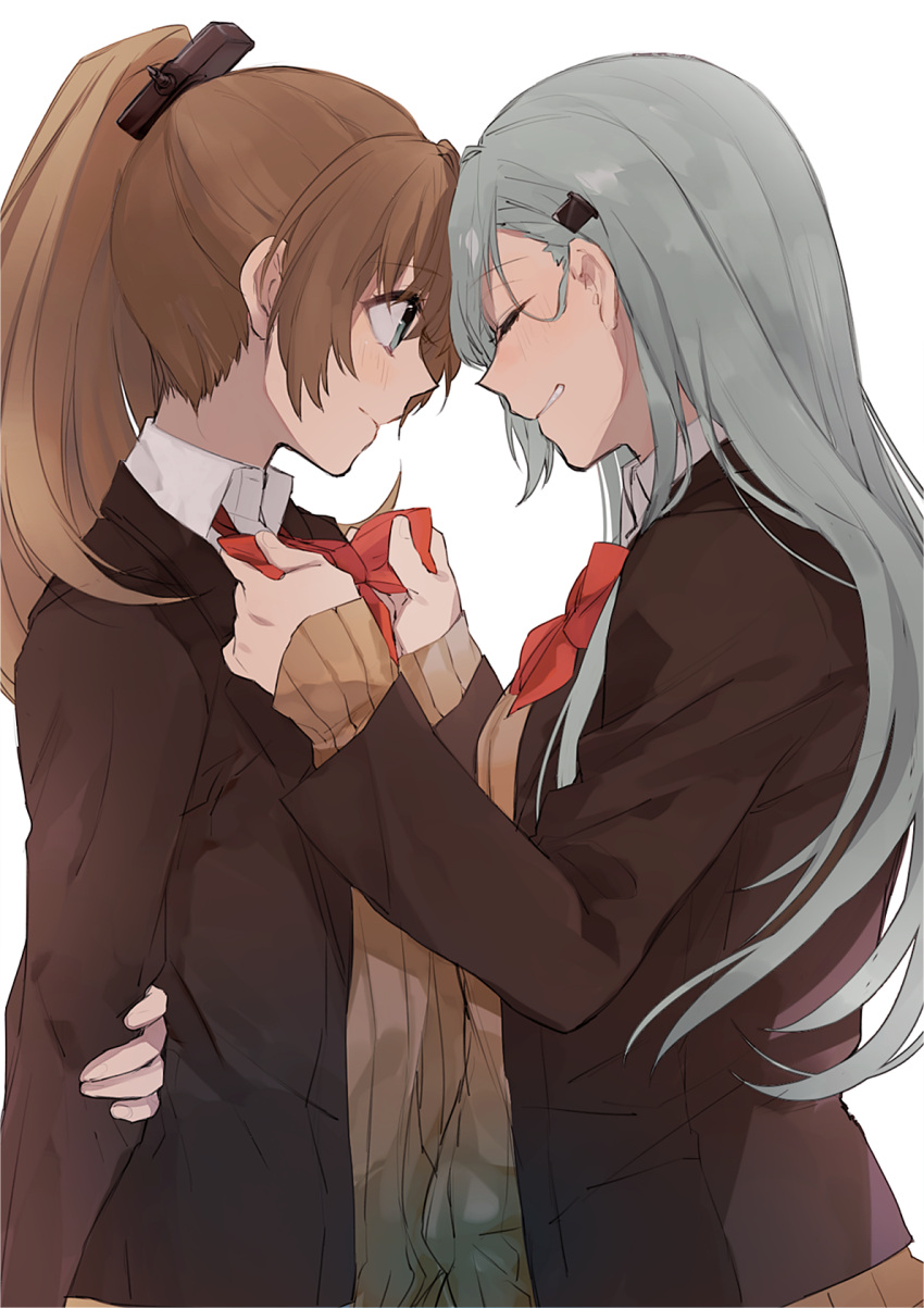 2girls, adjusting_bow, aqua_eyes, arms_behind_back, blazer, blue_eyes, blush, bow