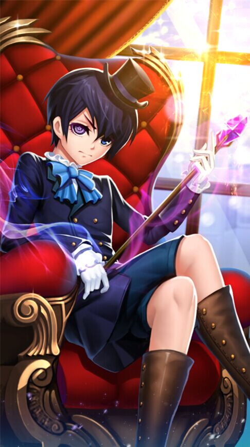 1boy, black_hair, blue_eyes, boots, ciel_phantomhive, eyepatch, gloves, hat, heterochromia, kuroshitsuji, legs_crossed, male_focus, qx-cg, scepter, solo, violet_eyes, white_gloves