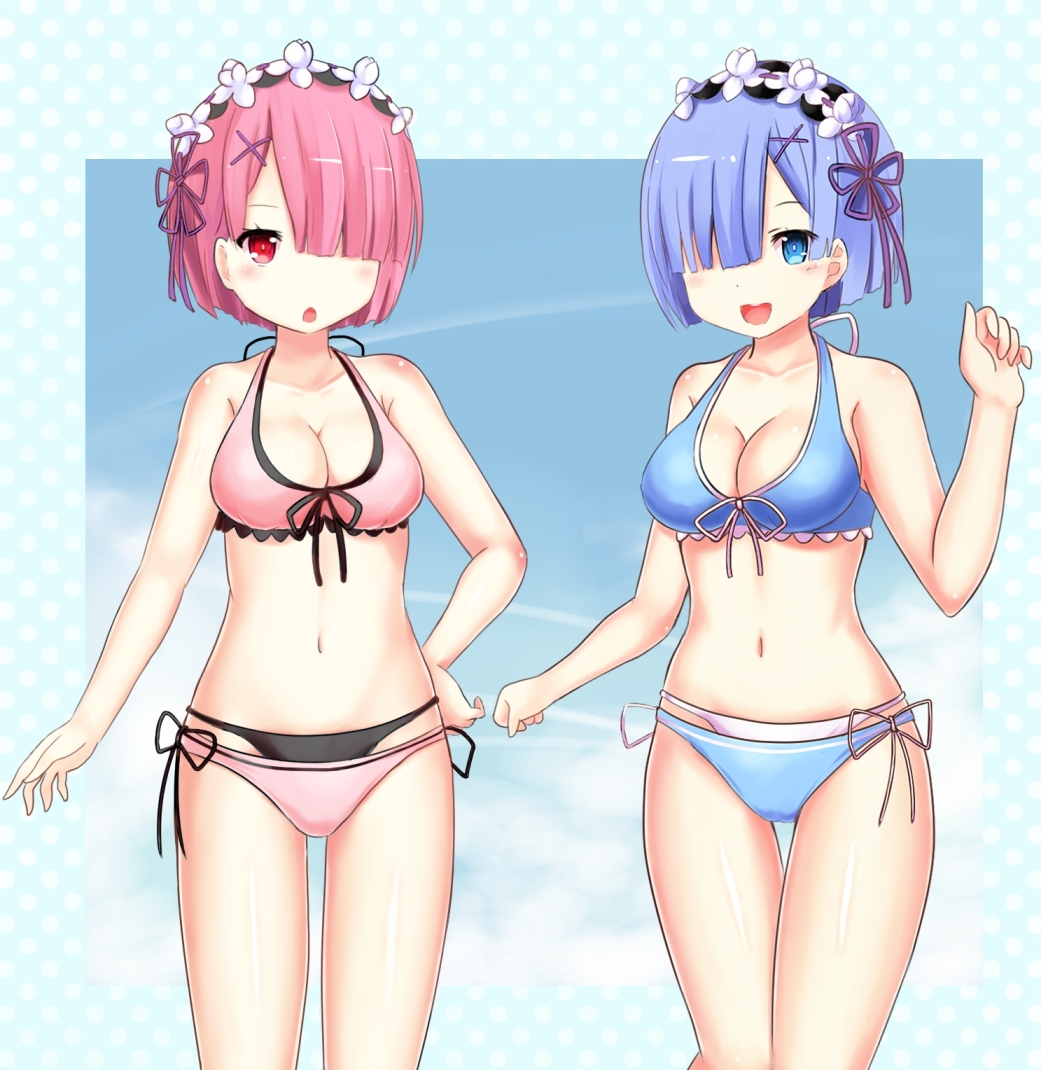 2girls, :d, :o, ali_(wwwwwwrt), bikini, black_bikini_bottom, blue_bikini, blue_eyes