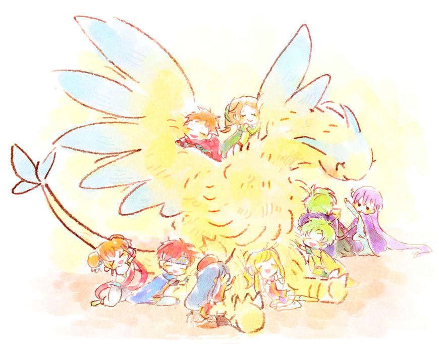>_<, 4boys, 6+girls, bellbottoms, black_legwear, blonde_hair, blue_hair, boots, brown_hair, cath, chad_(fire_emblem), chibi, clarine, cloak, closed_eyes, double_bun, dragon, fa, fire_emblem, fire_emblem:_fuuin_no_tsurugi, fluffy, green_hair, hat, headband, hug, kappaman, lalum, lavender_hair, lilina, lleu_(fire_emblem), long_hair, looking_at_another, lugh_(fire_emblem), multiple_boys, multiple_girls, open_mouth, orange_hair, outstretched_arms, pants, ponytail, redhead, robe, roy_(fire_emblem), sash, short_hair, smile, sofiya, spiky_hair, triangle_mouth, white_legwear