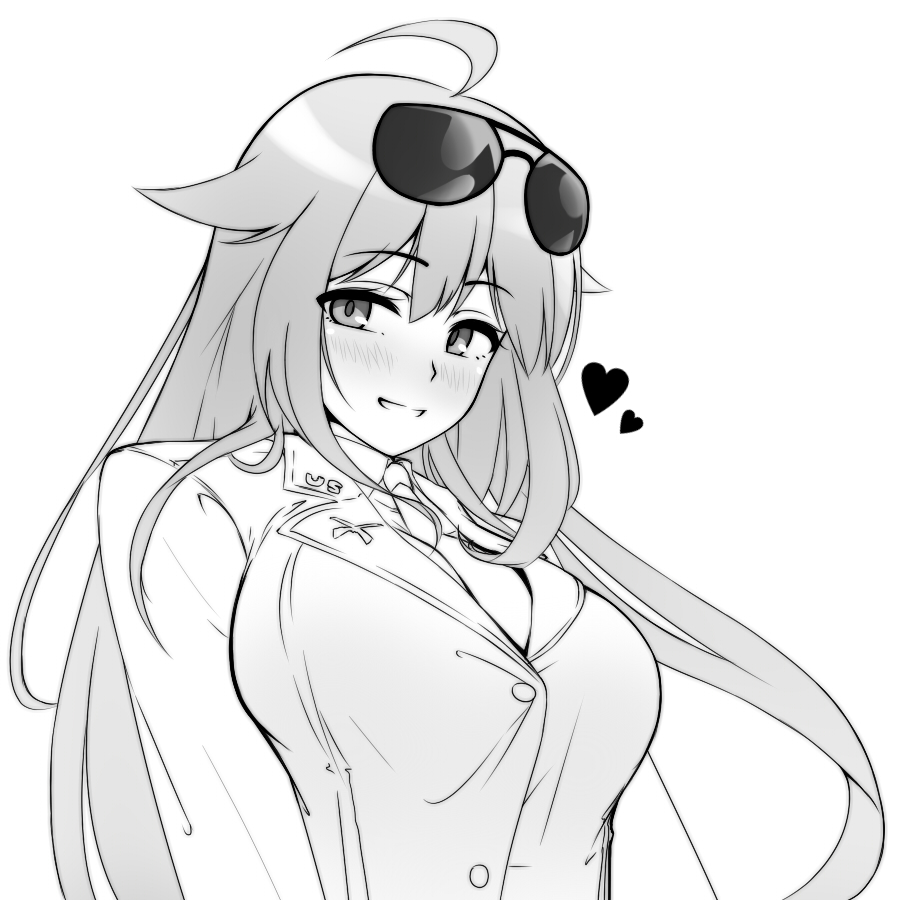 1girl, ahoge, aviator_sunglasses, blush, breasts, gayprince_no.2, girls_frontline, greyscale, grin, hair_flaps, heart, large_breasts, looking_at_viewer, m1918_bar_(girls_frontline), military, military_uniform, monochrome, necktie, nose_blush, smile, solo, sunglasses, sunglasses_on_head, uniform, upper_body, white_background