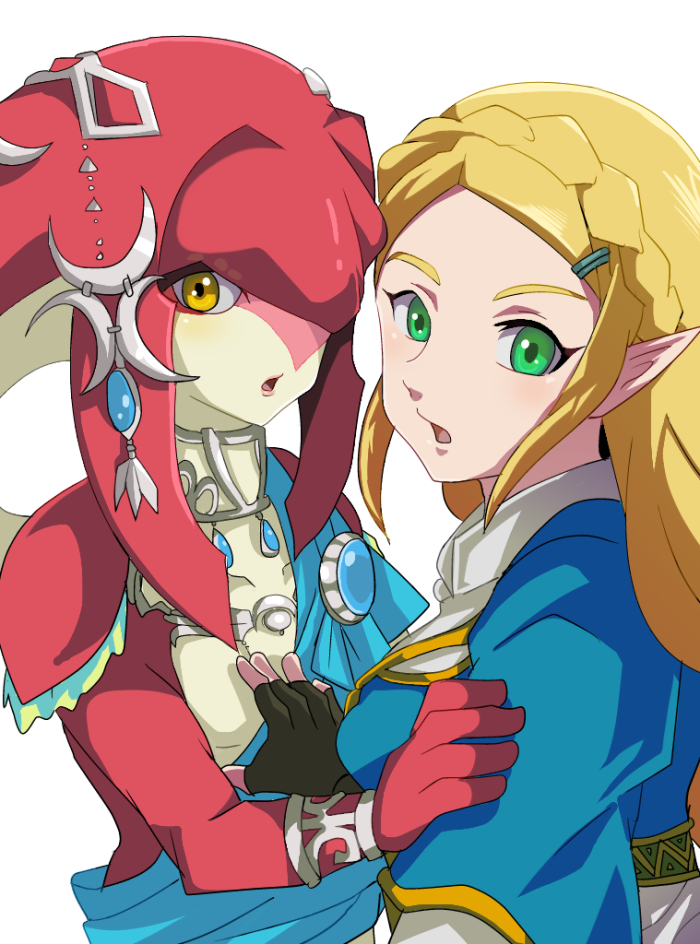 2girls, blonde_hair, braid, capelet, crescent, crescent_hair_ornament, fingerless_gloves, fins, fish_girl, french_braid, gloves, green_eyes, hair_ornament, hairclip, jewelry, long_hair, looking_at_viewer, mipha, multicolored, multicolored_skin, multiple_girls, necklace, no_eyebrows, open_mouth, pointy_ears, princess_zelda, red_skin, rem_sora410, the_legend_of_zelda, the_legend_of_zelda:_breath_of_the_wild, tunic, white_skin, yellow_eyes, yuri, zora