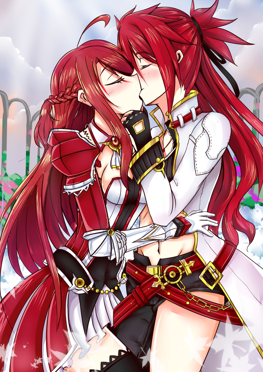 2girls, absurdres, armor, asymmetrical_clothes, belt, black_legwear, black_ribbon, blazing_heart_(elsword)