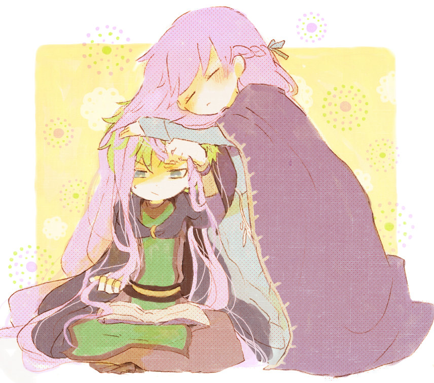 1boy, 1girl, annoyed, blue_eyes, blush, book, braid, cloak