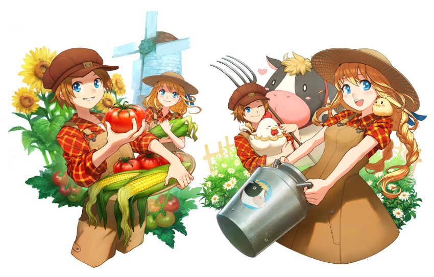 1boy, 1girl, :d, ;), animal, animal_on_shoulder, bird, blonde_hair, blue_eyes, braid, brown_dress, brown_hat, chick, chicken, corn, cow, dress, farm, flower, grin, harvest_moon, hat, heart, henry_(story_of_seasons:_trio_of_towns), holding, holding_animal, holly_(story_of_seasons:_trio_of_towns), long_hair, looking_at_another, nanami_(story_of_seasons:_trio_of_towns), nekorin_(nekoforest), of, one_eye_closed, open_mouth, overalls, pinafore_dress, pitchfork, plaid, plaid_shirt, seasons), seasons:, shirt, short_hair, smile, story_of_seasons:_trio_of_towns, straw_hat, sun_hat, sunflower, tomato, towns), trio, twin_braids, windmill