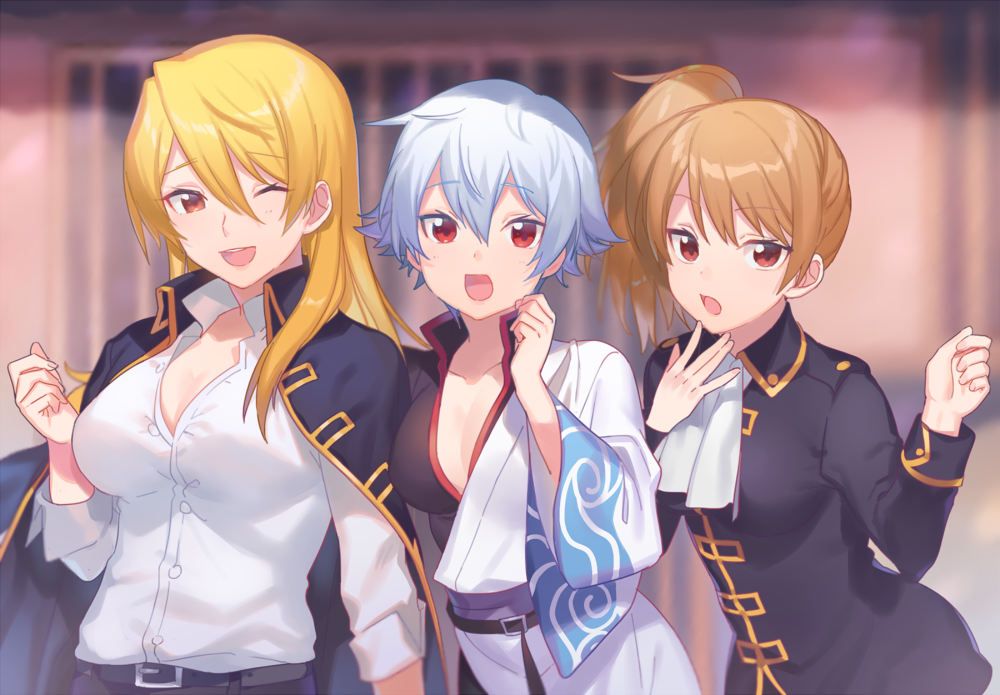 3girls, :d, :o, ;d, bangs, belt, blonde_hair, blue_hair, blush, breasts, brown_hair, collarbone, day, dress_shirt, eyebrows_visible_through_hair, genderswap, genderswap_(mtf), gintama, hair_between_eyes, hand_up, hands_up, heiwa_(murasiho), jacket, jacket_on_shoulders, japanese_clothes, kimono, kondou_goriko, kondou_isao, large_breasts, looking_at_viewer, multiple_girls, okita_sougo, okita_souko, one_eye_closed, open_clothes, open_jacket, open_mouth, outdoors, red_eyes, robe, sakata_ginko, sakata_gintoki, shinsengumi_(gintama), shirt, side_ponytail, sidelocks, silver_hair, slacks, sleeves_rolled_up, smile, teeth, upper_body, white_kimono