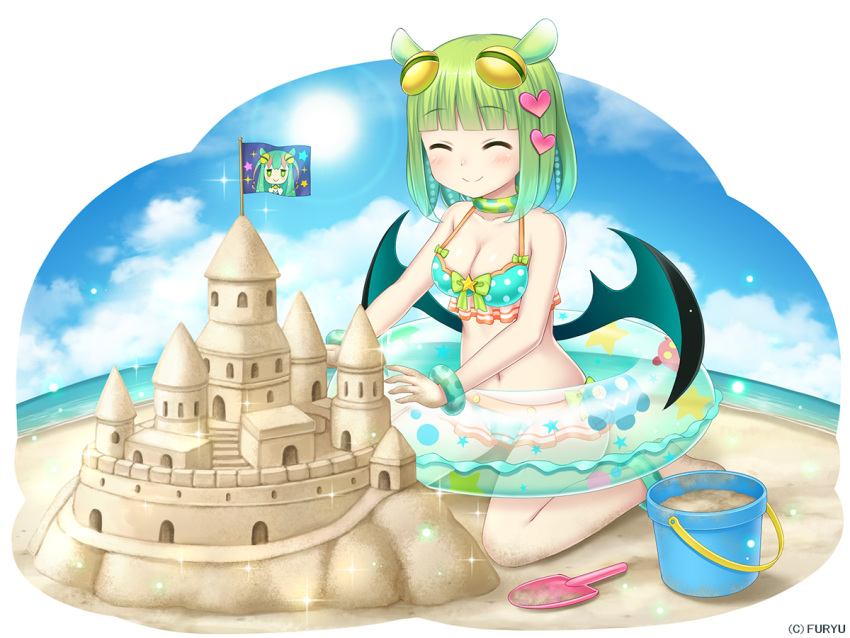 1girl, ^_^, animal_ears, aqua_bikini, bangs, bare_arms, bare_shoulders, barefoot