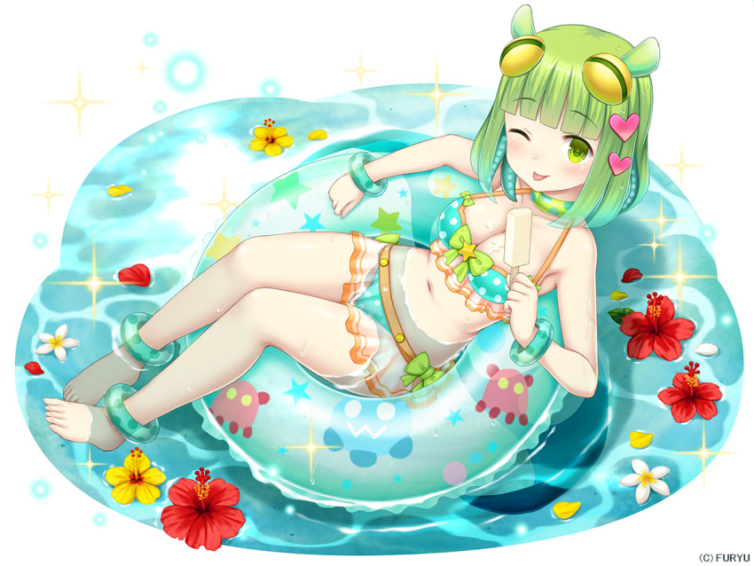1girl, ;p, animal_ears, aqua_bikini, bangs, bare_arms, bare_shoulders, barefoot
