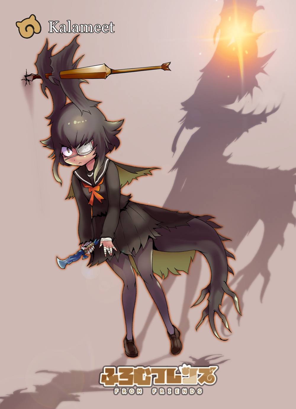 10s, 1girl, arrow, bandage, bandaged_fingers, bandaged_hands, black_hair, black_legwear, black_serafuku, black_shirt, black_skirt, brown_background, brown_eyes, brown_shoes, capelet, character_name, closed_mouth, constricted_pupils, copyright_name, dagger, dark_souls, den_(zeroshiki), dragon_tail, eyepatch, frown, full_body, highres, holding_dagger, japari_symbol, kalameet, kemono_friends, loafers, looking_at_viewer, medical_eyepatch, outline, personification, planted_arrow, pleated_skirt, school_uniform, serafuku, shirt, shoes, short_hair_with_long_locks, silhouette, skirt, solo, souls_(from_software), standing, tail, thigh-highs, weapon