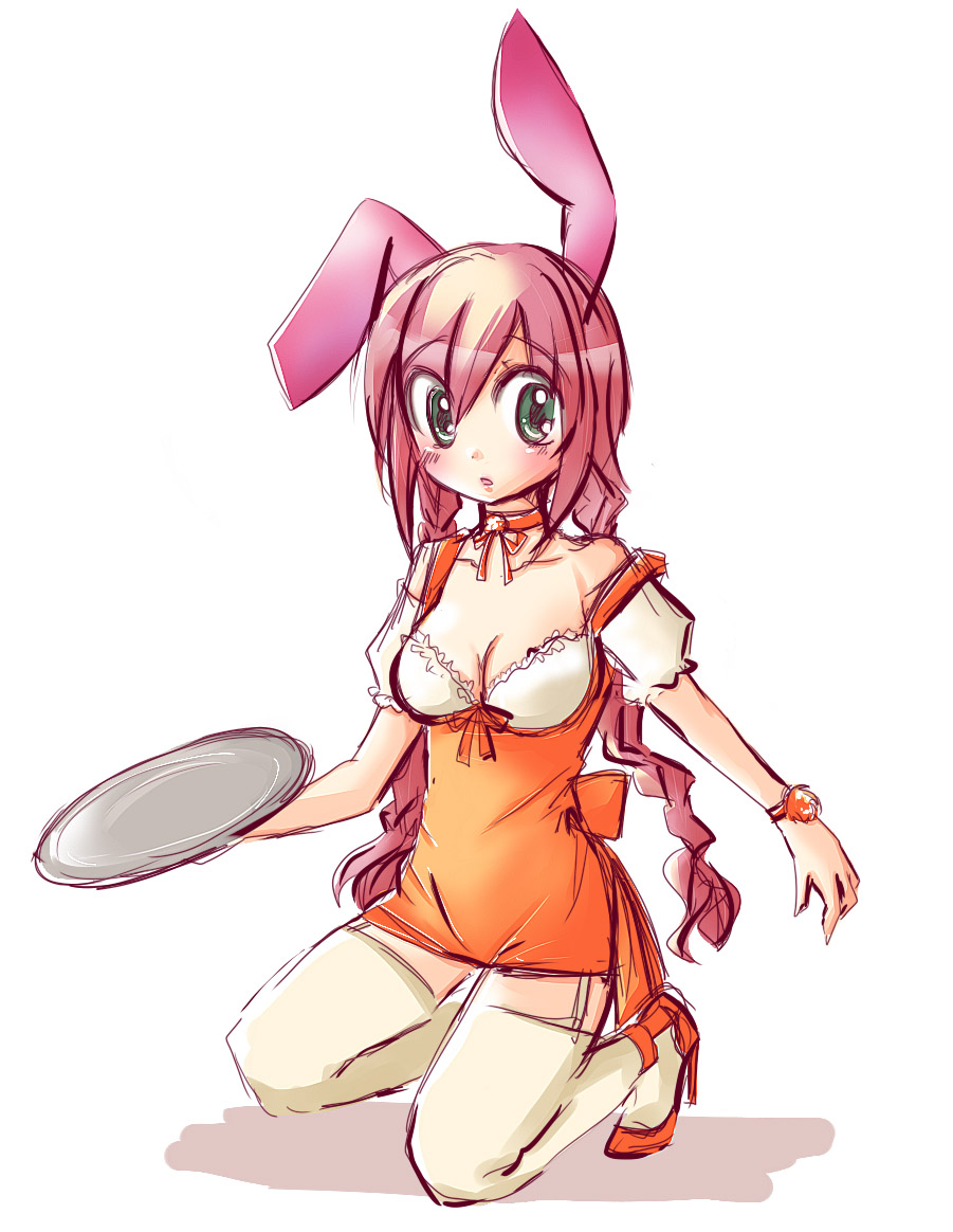 breasts, bunny_ears, cleavage, high_heels, hioki_akane, kinoene_princess, kneeling, pink_hair, rabbit_ears, shoes, sketch, thigh-highs, thighhighs, tray, watch, wristwatch, zettai_ryouiki
