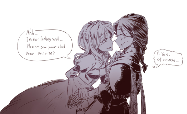 2girls, adella_the_nun, arianna_(bloodborne), black_hair, bloodborne, hand_holding, hand_on_own_chest, leaning_forward