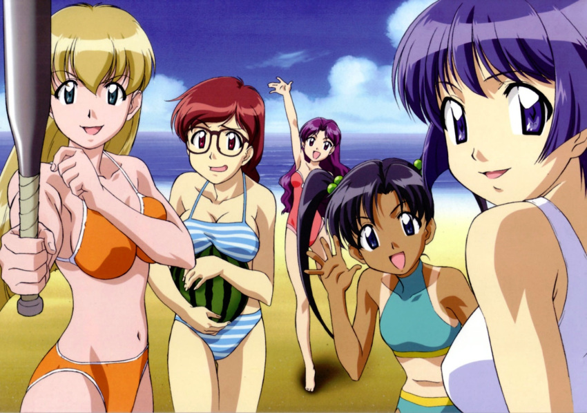 ai_yori_aoshi, baseball_bat, beach, bikini, blonde_hair, blue_eyes, blue_hair, breasts