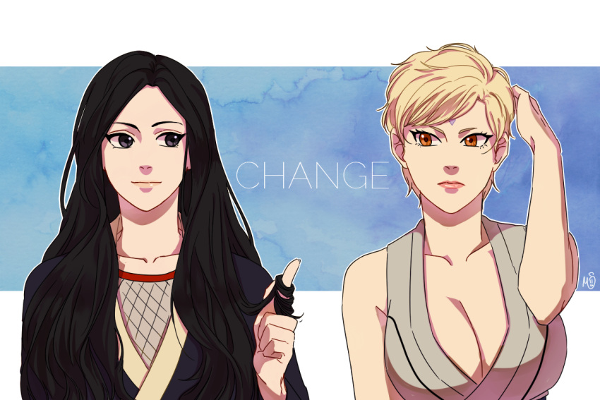 2girls, alternate_hair_length, alternate_hairstyle, black_eyes, black_hair, blonde_hair, breasts, brown_eyes