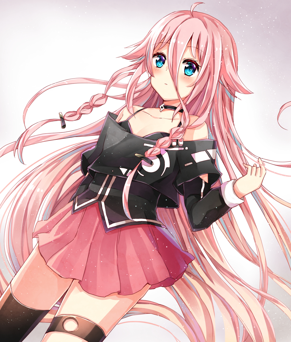 1girl, ahoge, asymmetrical_legwear, bare_shoulders, blue_eyes, braid, choker, ia_(vocaloid)