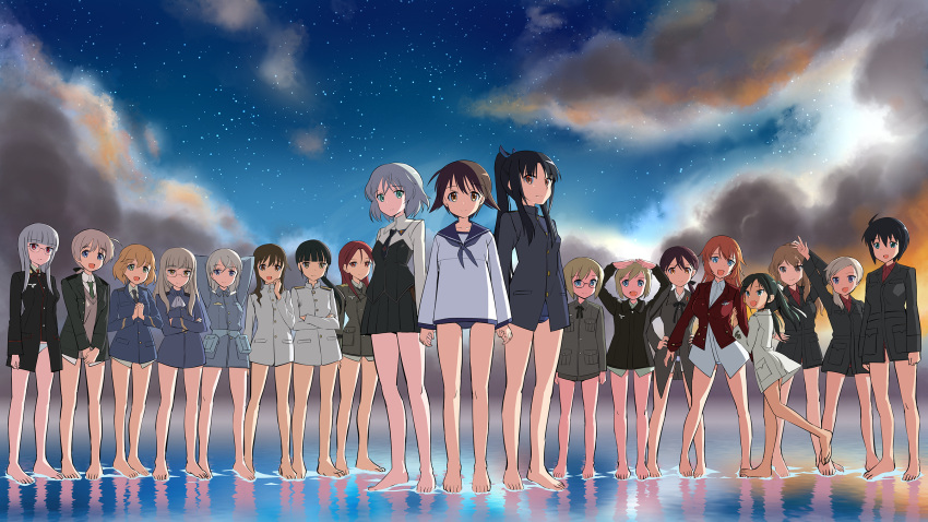 6+girls, ahoge, amelie_planchard, arms_behind_head, barefoot, black_hair, blonde_hair, blue_eyes