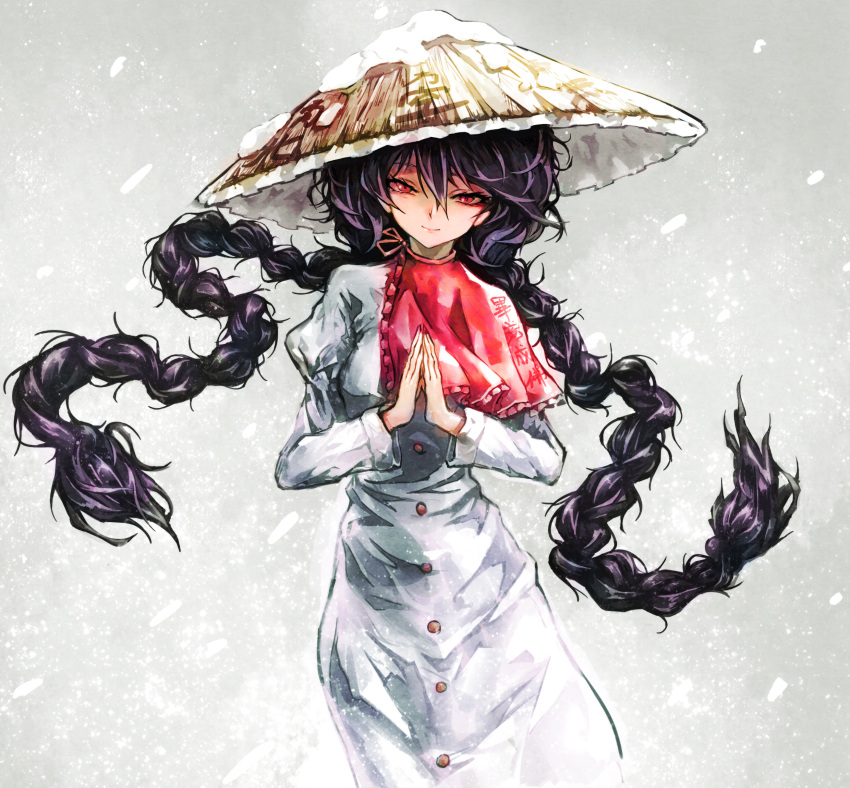 1girl, ajirogasa, bangs, black_hair, braid, buttons, closed_mouth, dress