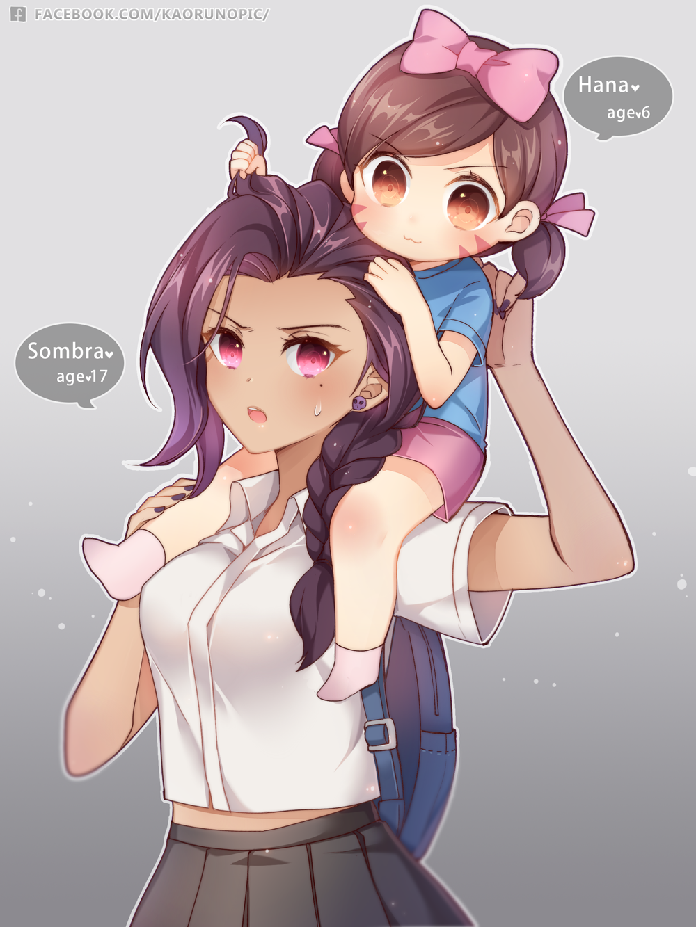 >:3, 2girls, :3, age_comparison, alternate_eye_color, alternate_hairstyle, atobesakunolove, backpack